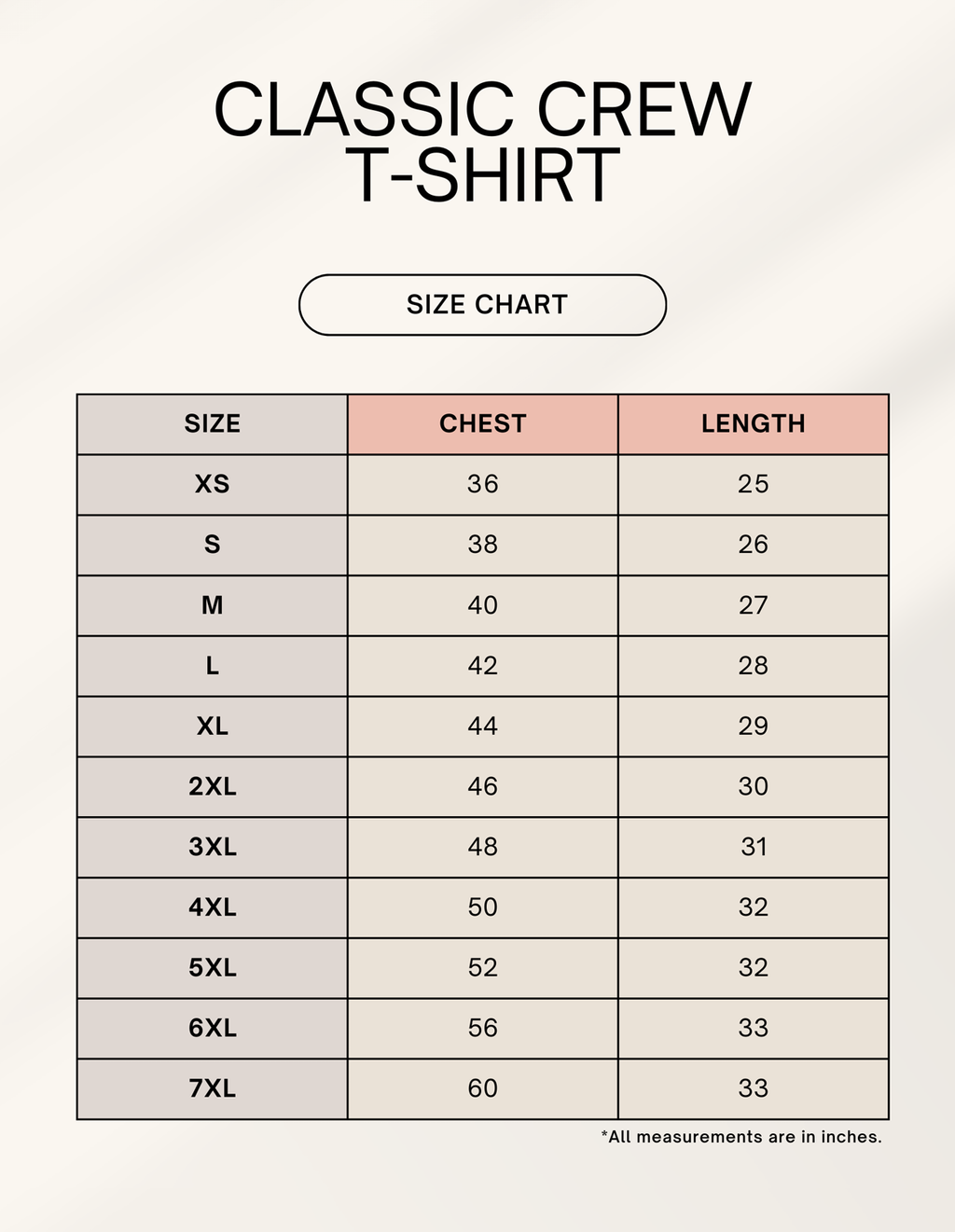 Classic Crew T-Shirt Size Chart