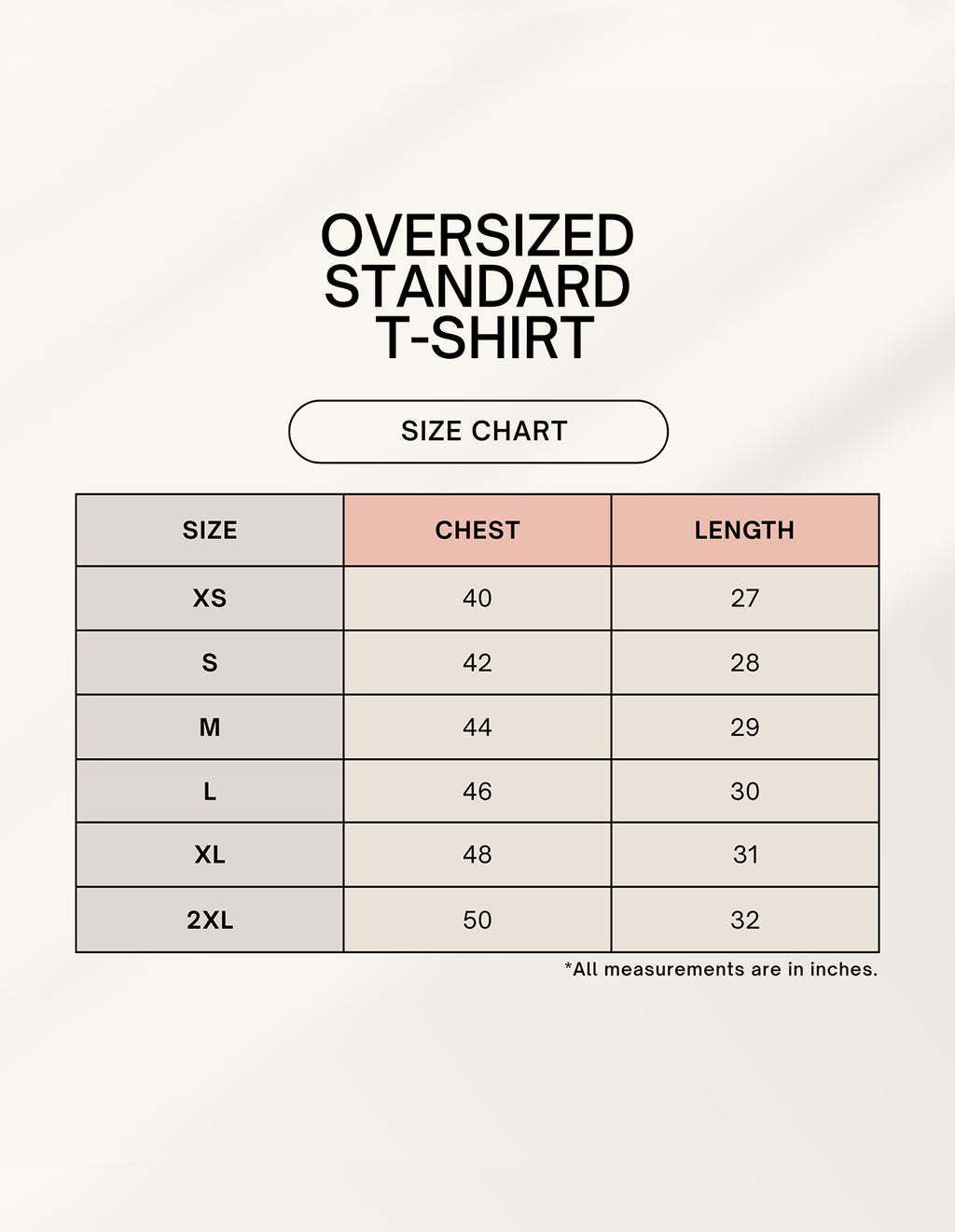 Oversized Standard T-Shirt Size Chart