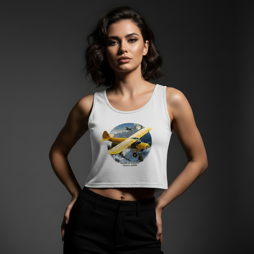 Model wearing white crop tank top with airplane graphic