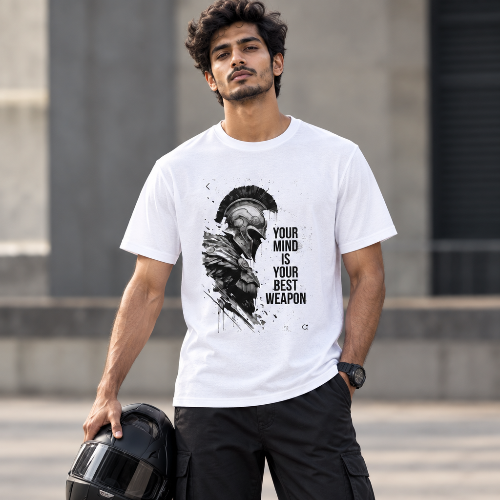 Male model wearing The Helmet Quote white graphic jersey and holding a motorcycle helmet