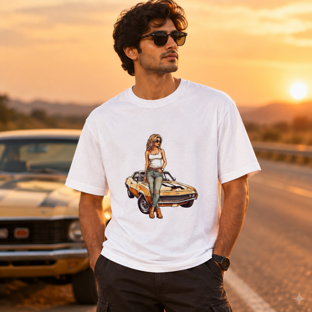 Male model wearing the white A Long Drive graphic T-shirt beside a sunset highway and car