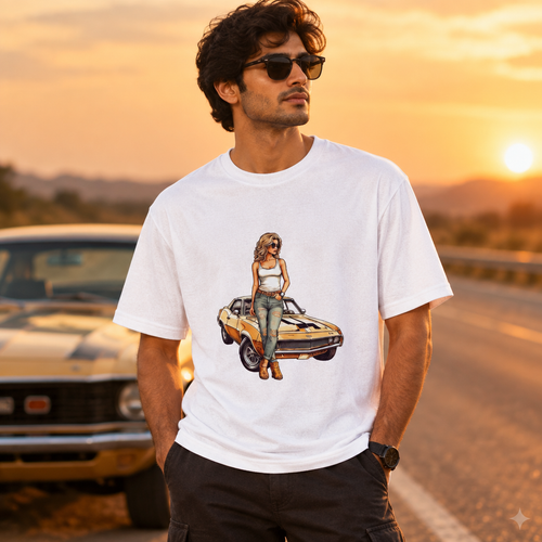 Male model wearing the white A Long Drive graphic T-shirt beside a sunset highway and car