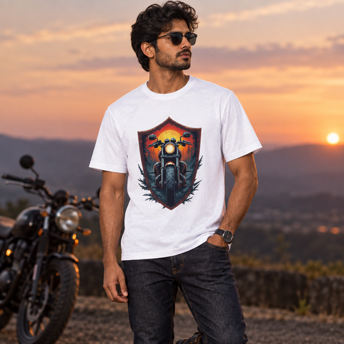 Male model wearing the white Biker's Sheild graphic T-shirt beside a motorcycle at dusk