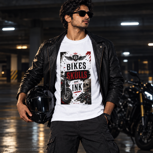 Male model wearing the white Biker's Skull graphic T-shirt with a leather jacket and motorcycle helmet in a dark parking garage