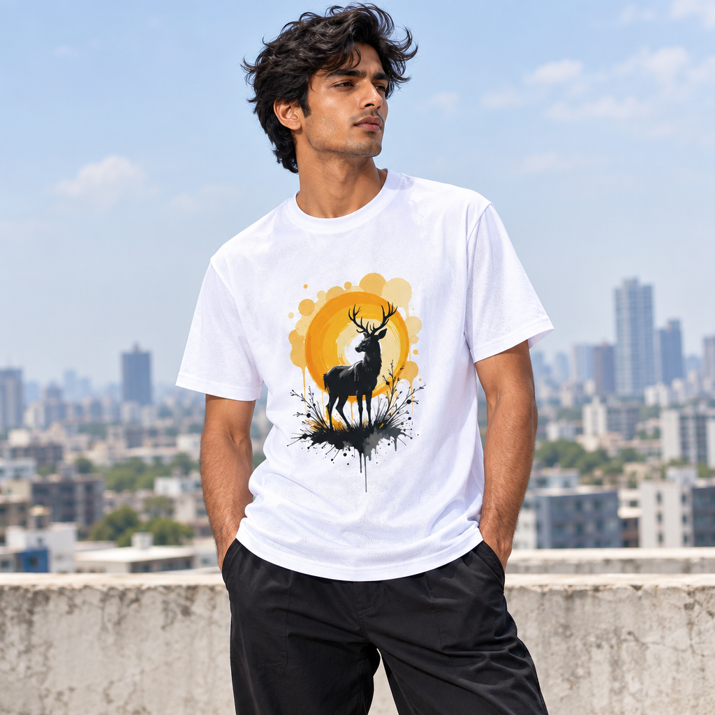 Male model wearing the white Freedom graphic T-shirt on a bright open city rooftop