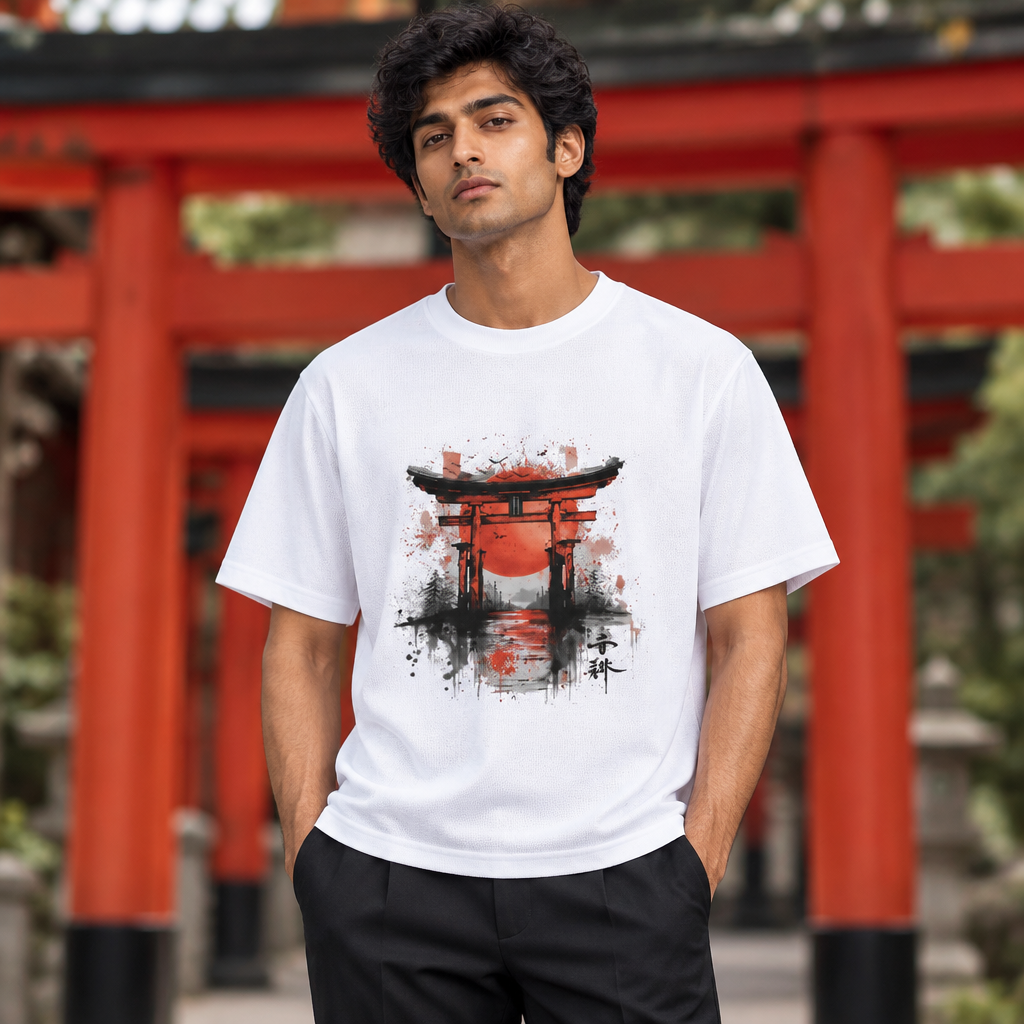 Male model wearing the white Gate graphic T-shirt in front of a softly blurred red torii gateway