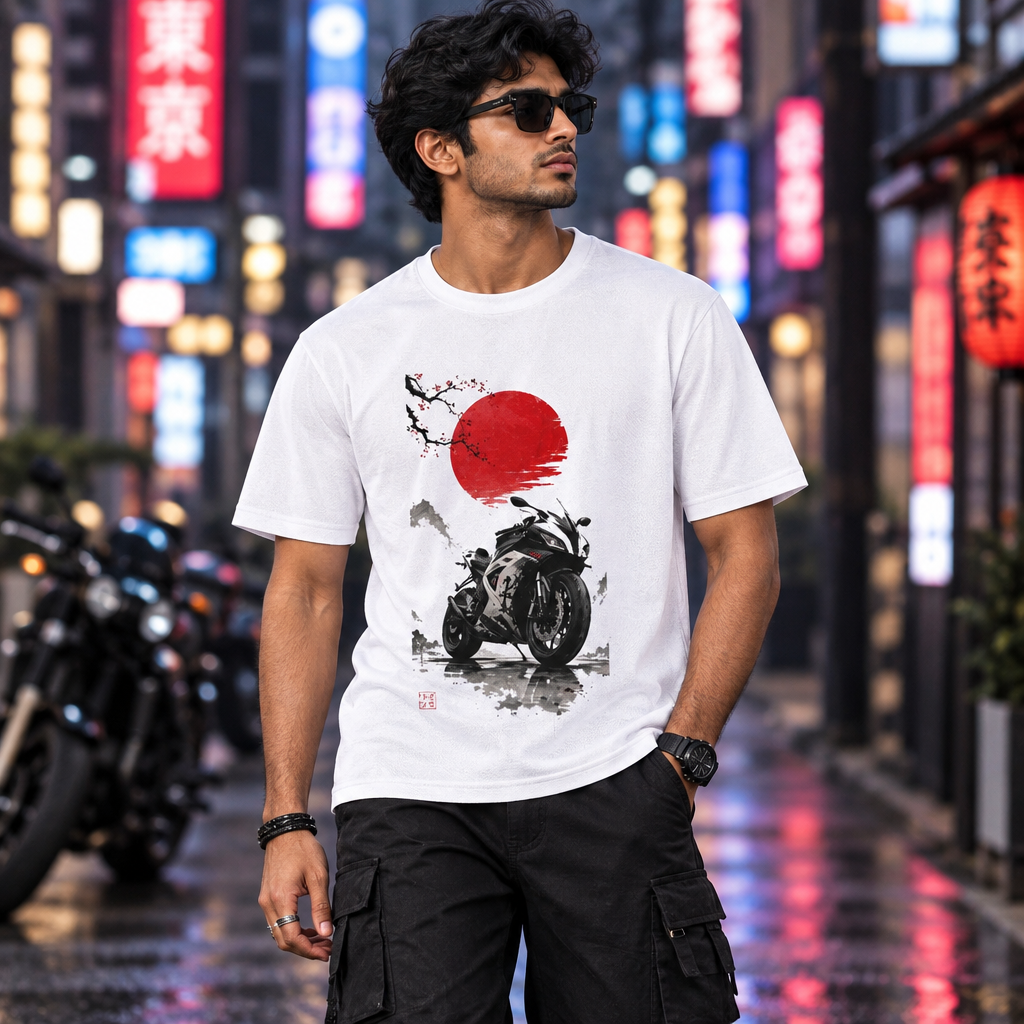 Male model wearing the white Japanese Biker graphic T-shirt in a neon street setting