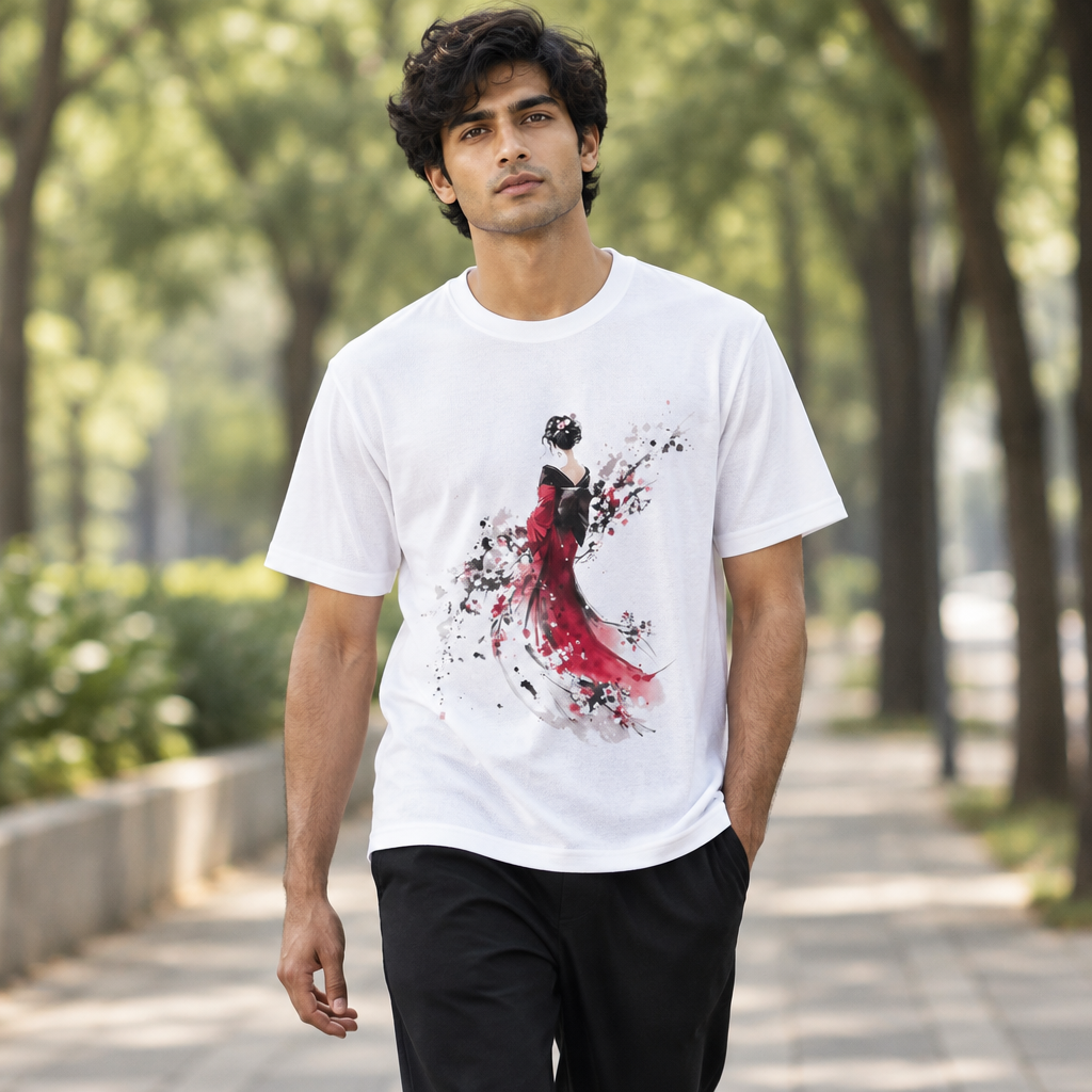 Male model wearing the white Path graphic T-shirt while walking on a softly blurred tree-lined path