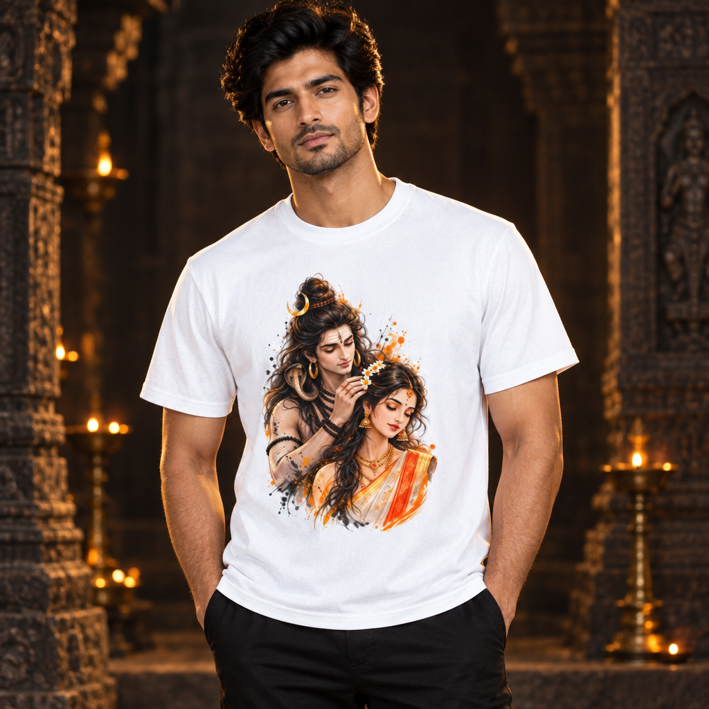 Male model wearing the white Shiv Parvati graphic jersey in a dark temple-inspired editorial setting