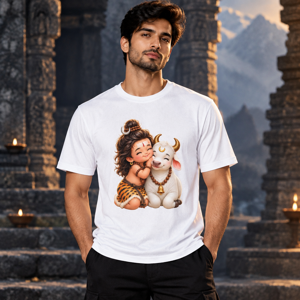 Male model wearing the white Shiva graphic jersey in a dark Himalayan temple-inspired editorial setting