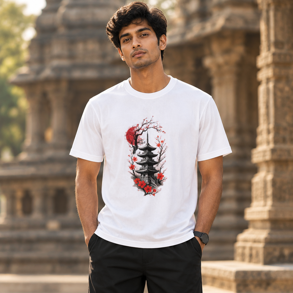 Male model wearing the white Temple graphic T-shirt with temple architecture softly behind