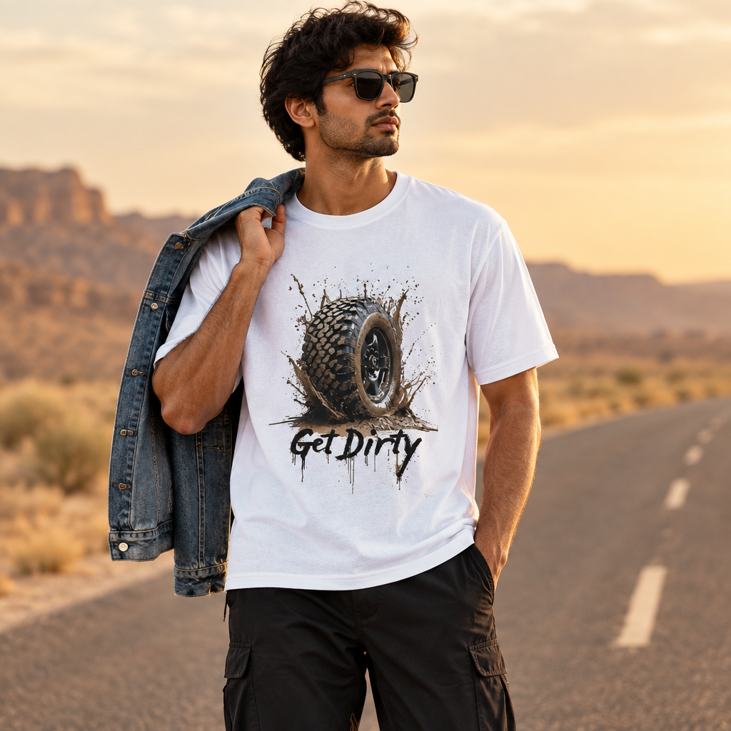 Male model wearing the white The Drifter graphic T-shirt on a desert open road