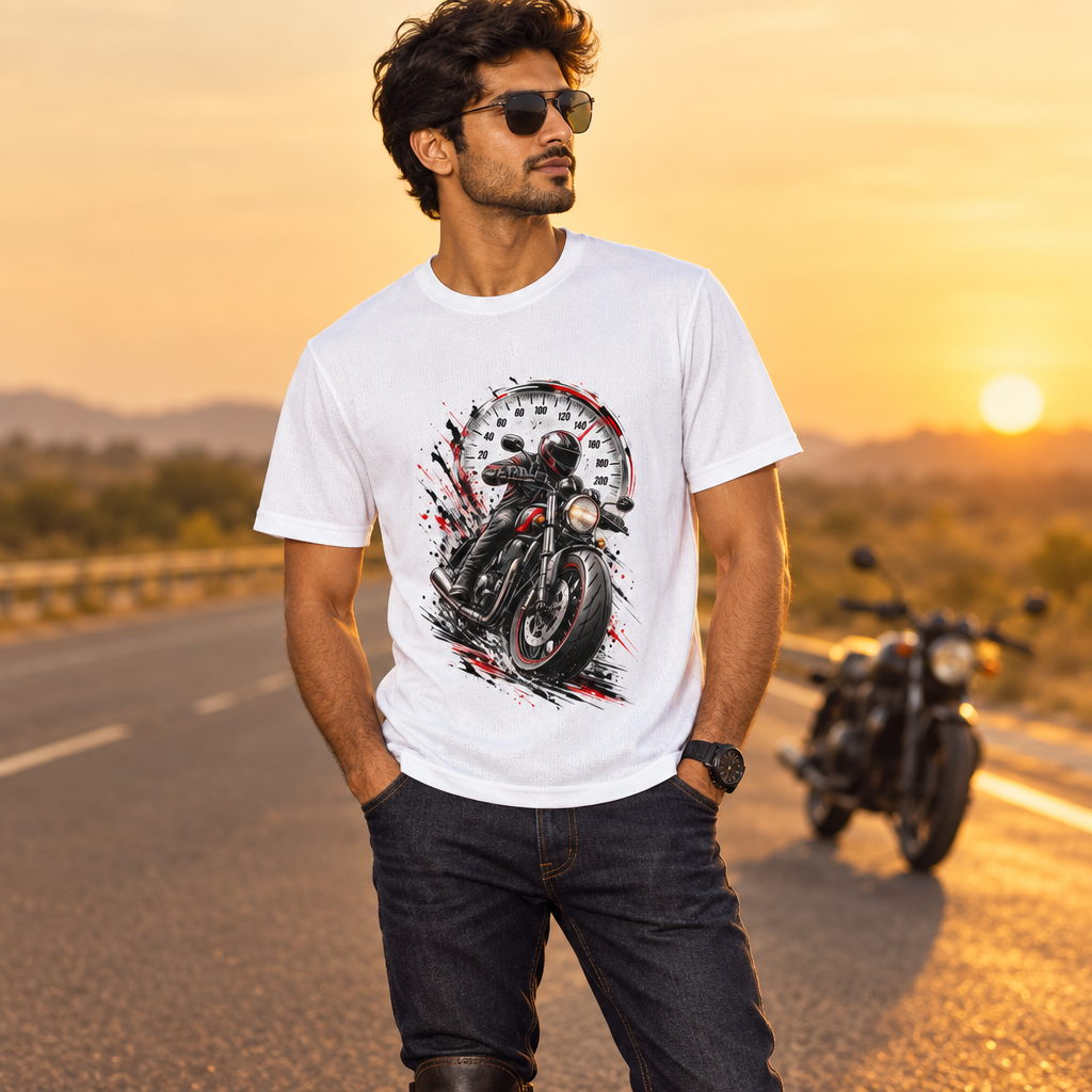 Male model wearing the white The Ride graphic T-shirt on a golden-hour open road