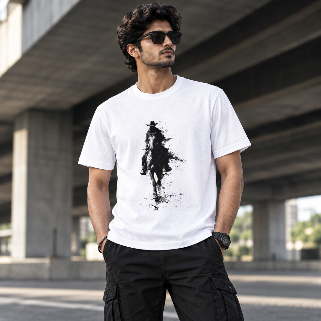 Male model wearing the white The Rider graphic T-shirt beneath a concrete city overpass