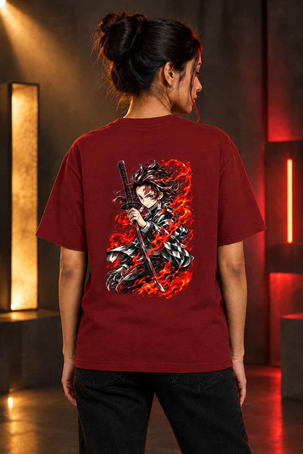 Red female model