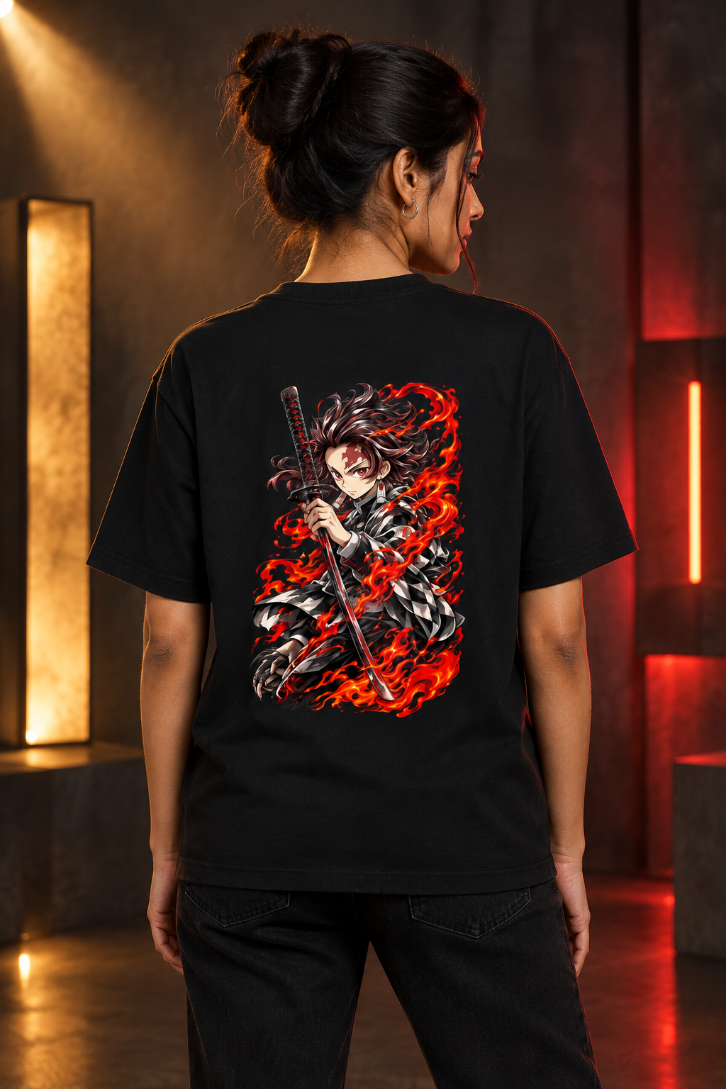 Swordsman female model with illuminated background