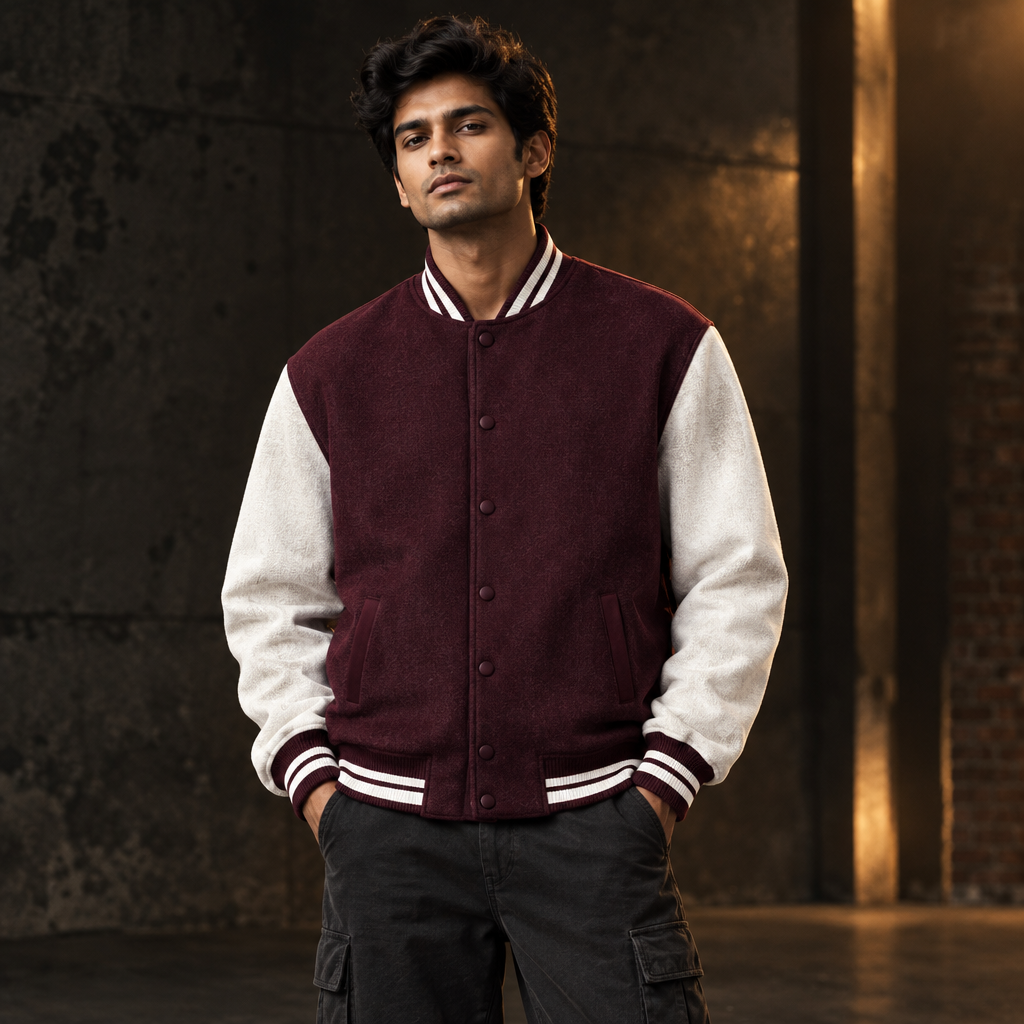 Varsity Jacket Maroon model preview