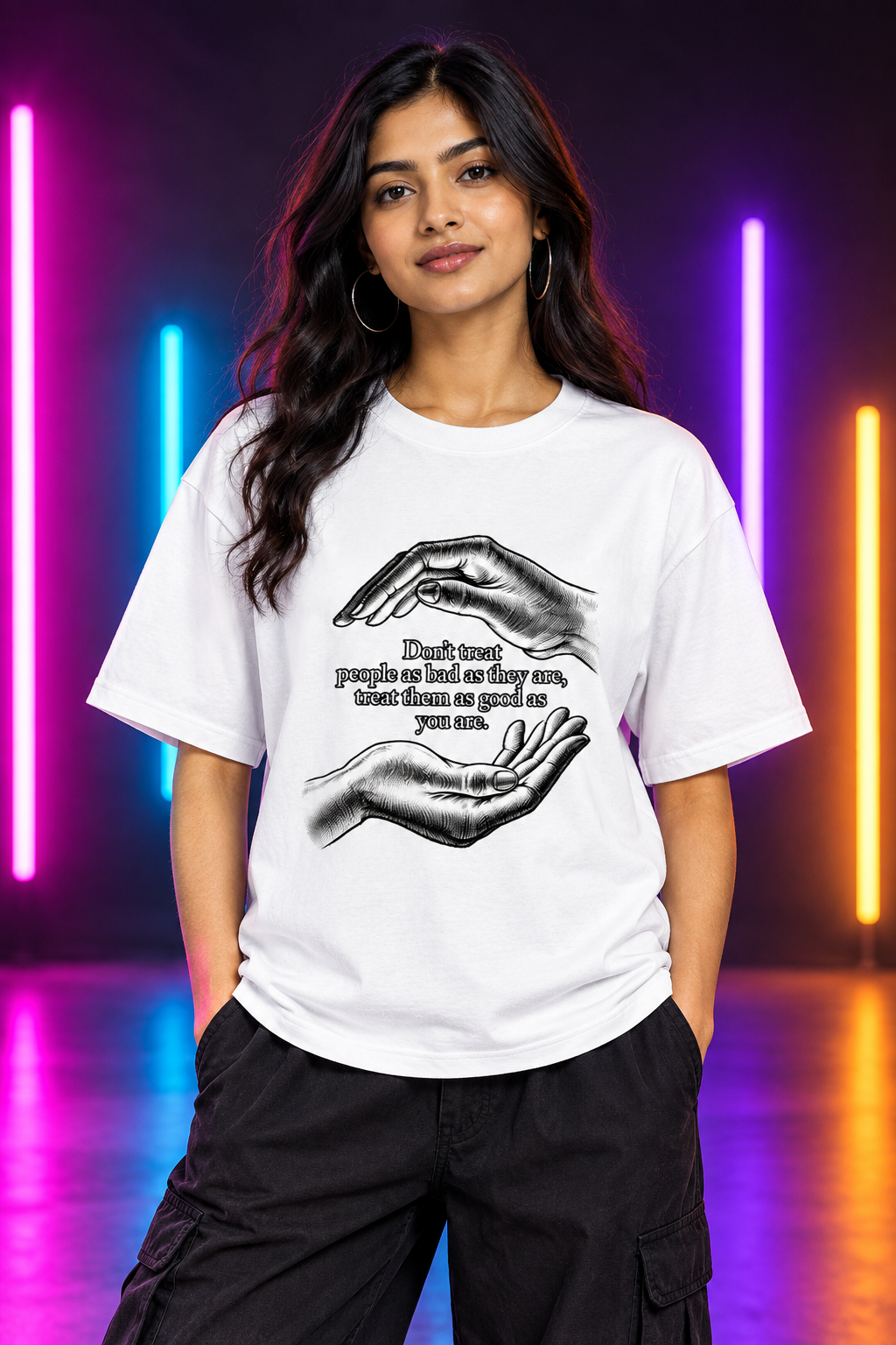 White female model, multi-color